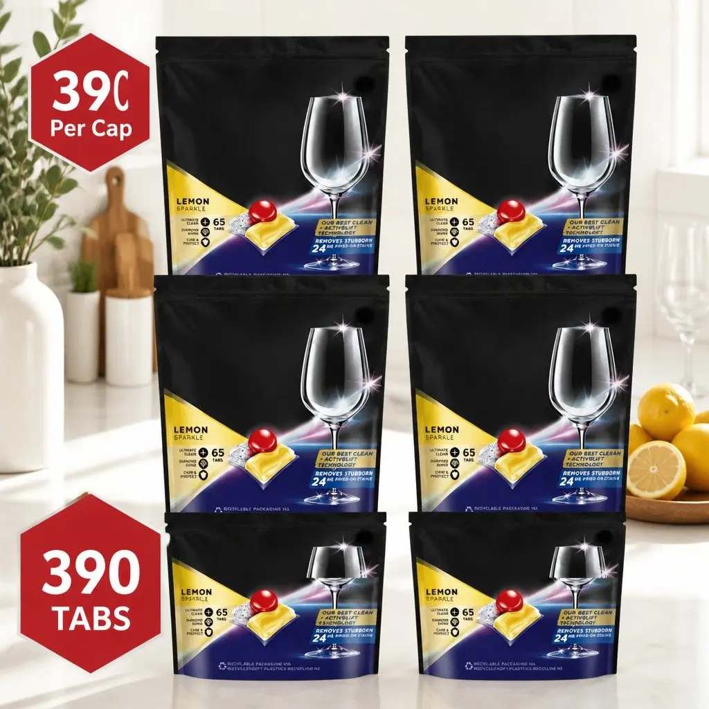 Dishwasher Tablets Lemon 390 Pack Powerful Clean Advanced 3 Chamber Technology Biodegradable Water Soluble Wrapper