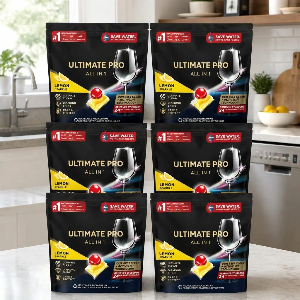 Dishwasher Tablets Lemon 390 Pack Powerful Clean Advanced 3 Chamber Technology Biodegradable Water Soluble Wrapper