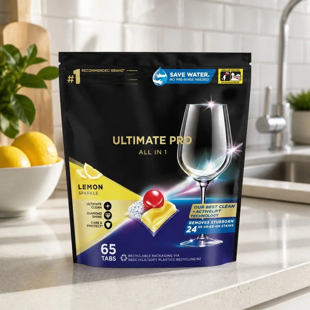 Dishwasher Tablets Lemon 65 Pack Powerful Cleaning 3 Chamber Technology Biodegradable Wrapper Free
