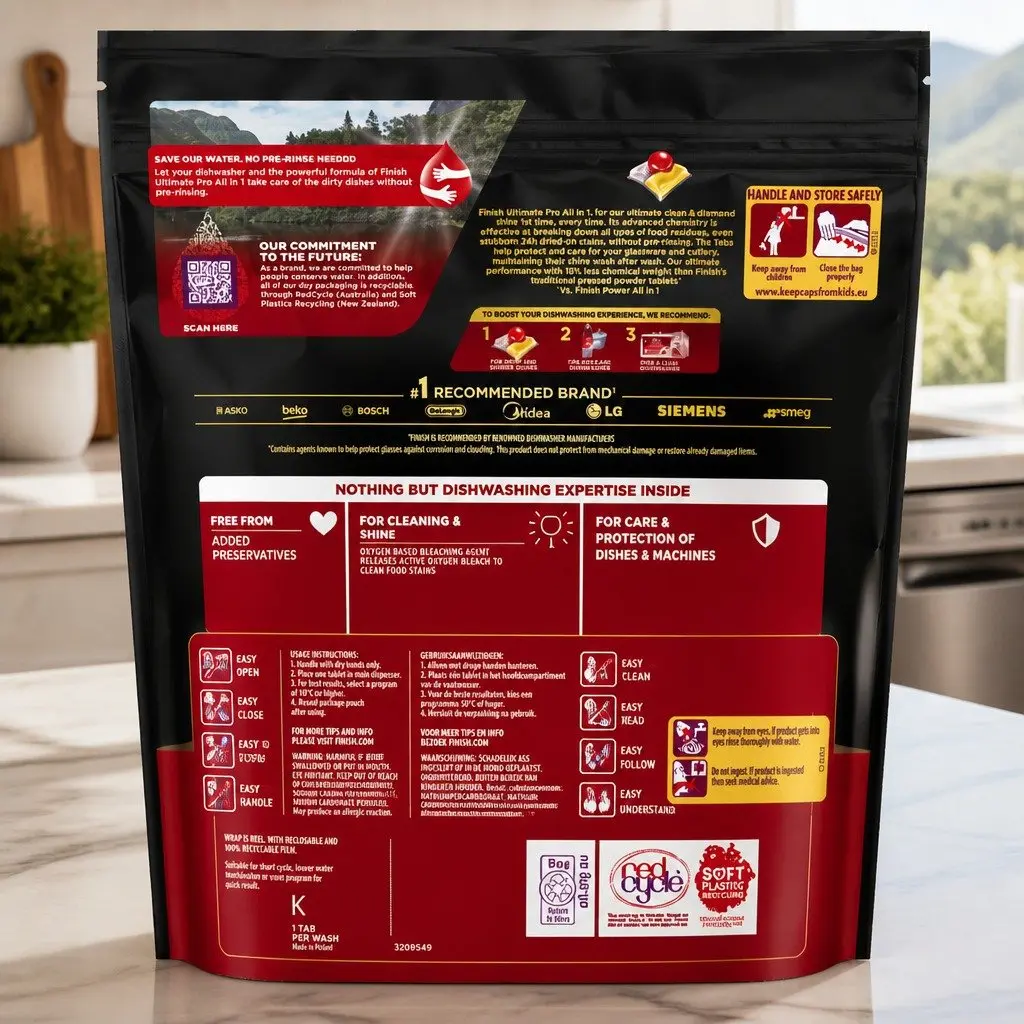Dishwasher Tablets Lemon 65 Pack Powerful Cleaning 3 Chamber Technology Biodegradable Wrapper Free