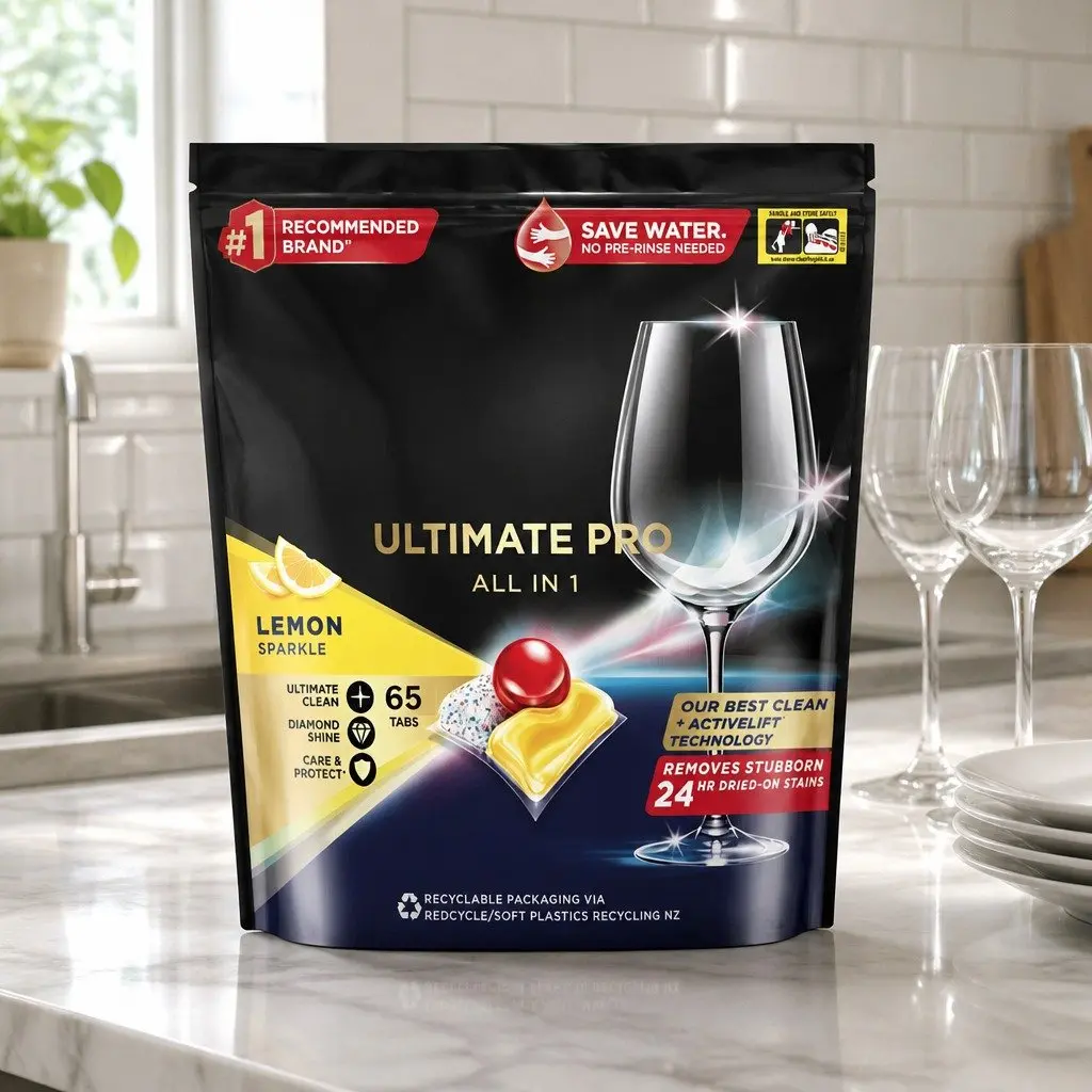 Dishwasher Tablets Lemon 65 Pack Powerful Cleaning 3 Chamber Technology Biodegradable Wrapper Free
