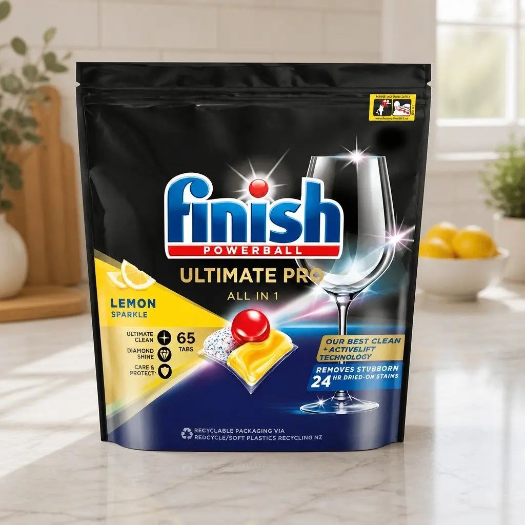 Dishwasher Tablets Lemon 65 Pack Powerful Cleaning 3 Chamber Technology Biodegradable Wrapper Free
