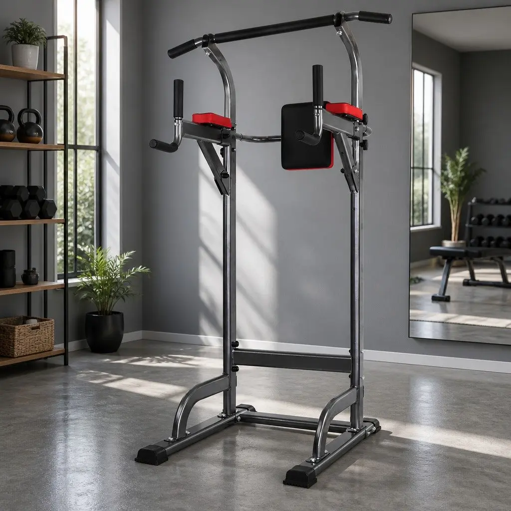 Multi-Function Exercise Tower Black Adjustable Height Complete Upper Body and Core Workout