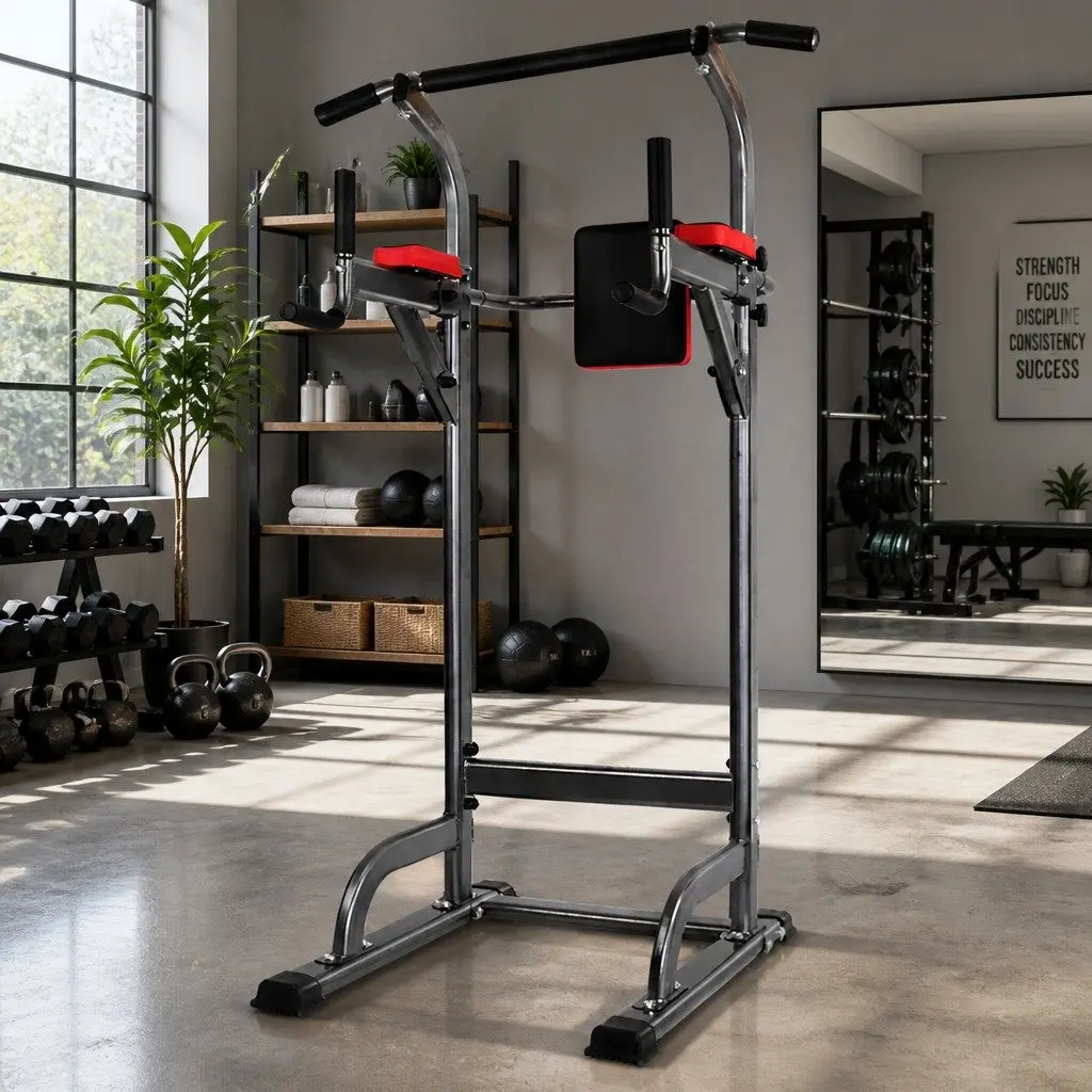 Multi-Function Exercise Tower Black Adjustable Height Complete Upper Body and Core Workout