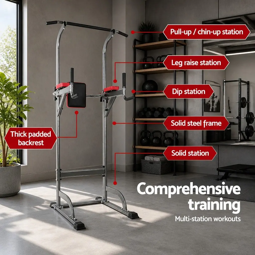 Multi-Function Exercise Tower Black Adjustable Height Complete Upper Body and Core Workout