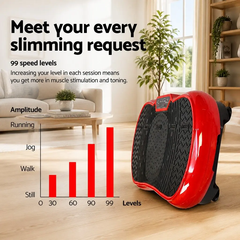 Vibration Exercise Machine Red Compact Home Gym Trainer with Resistance Bands