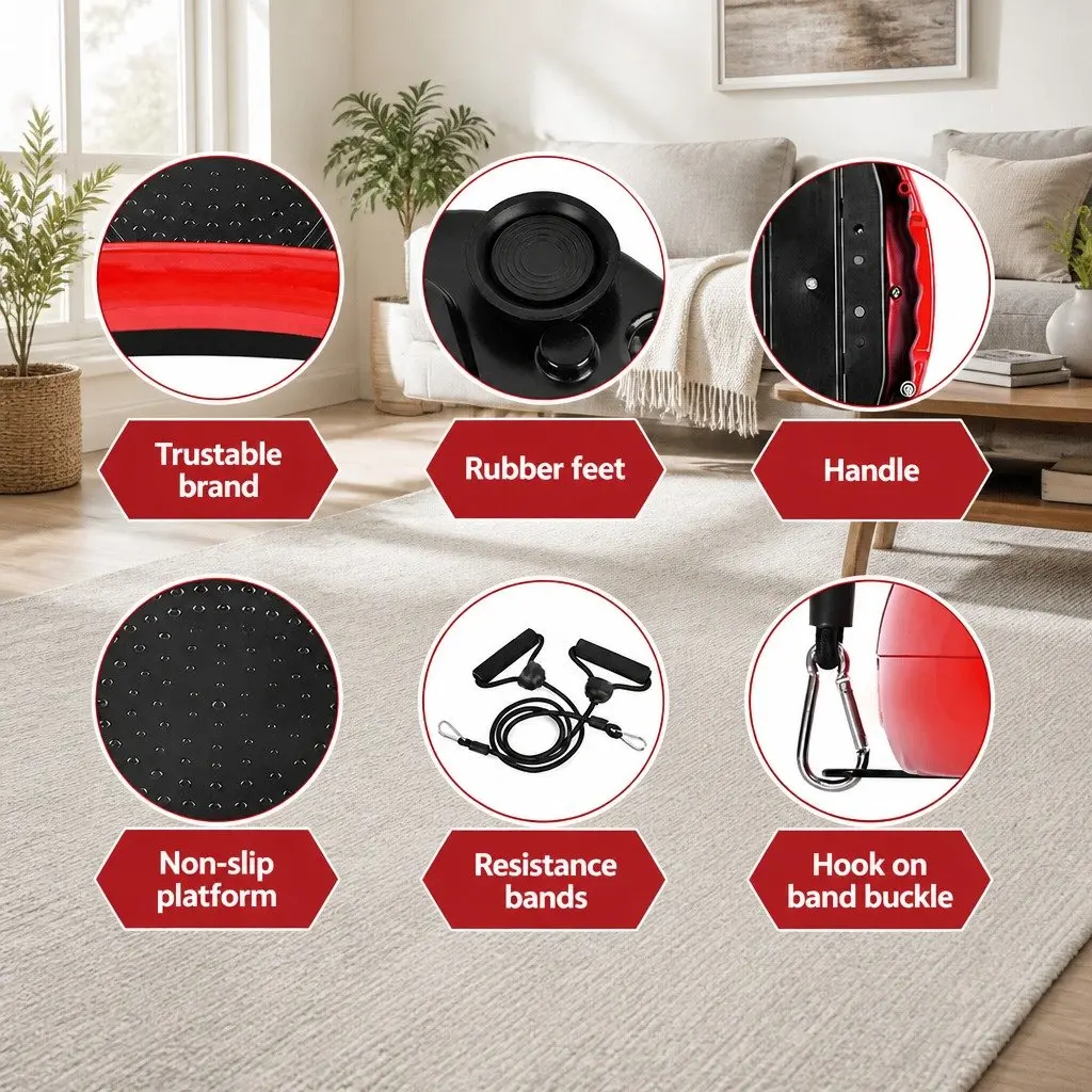 Vibration Exercise Machine Red Compact Home Gym Trainer with Resistance Bands