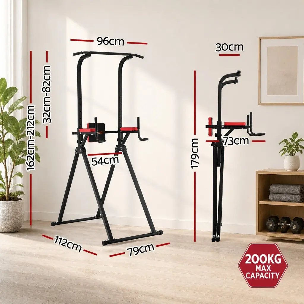 Chin Up Tower Black Adjustable Foldable Multi-Function Dip Station for Home Gym