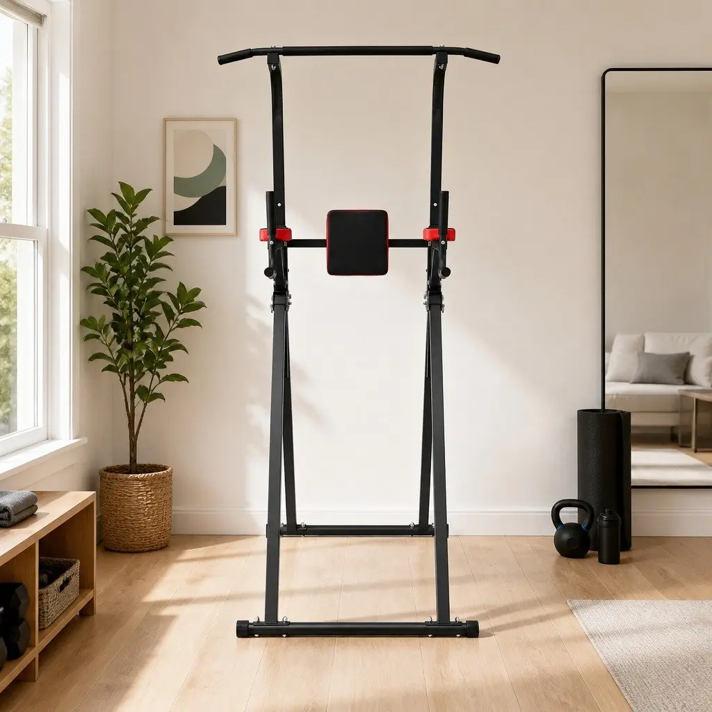 Chin Up Tower Black Adjustable Foldable Multi-Function Dip Station for Home Gym