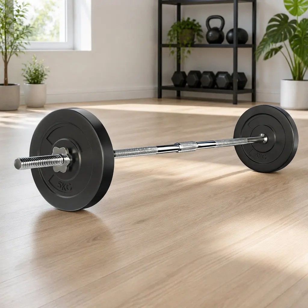 Barbell Set Black Silver 18kg Weight Plates Home Gym Exercise Training Kit