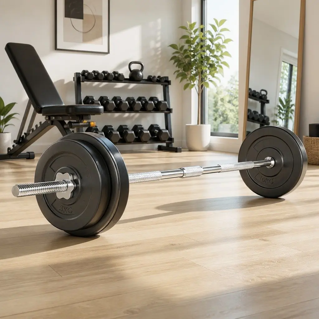 Barbell Set Black 168cm 38kg Rubber Coated Weight Plates Detachable Bar for Home Gym Exercise