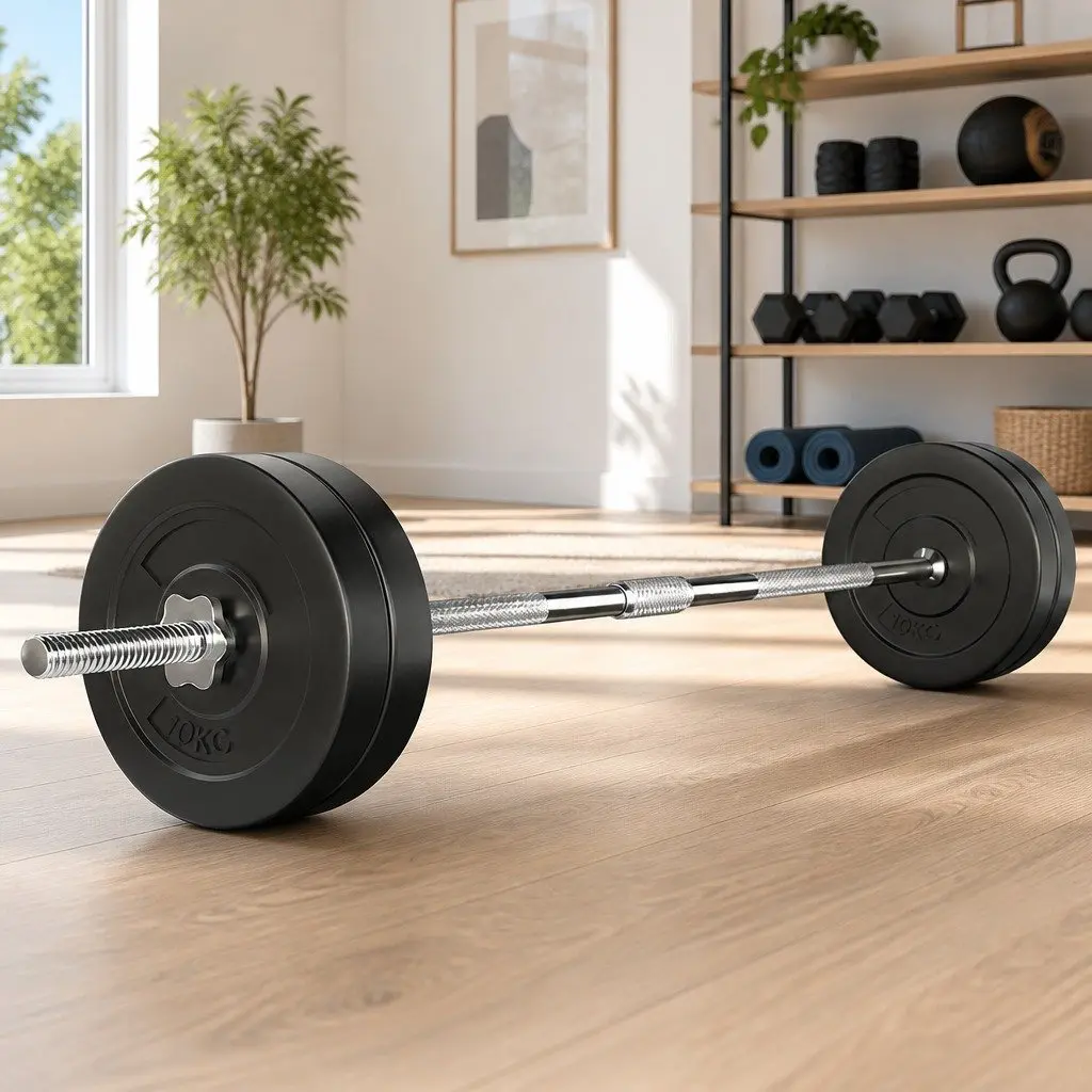 Barbell Set Rubber Coated Weight Plates 168cm Steel Barbell for Home Gym
