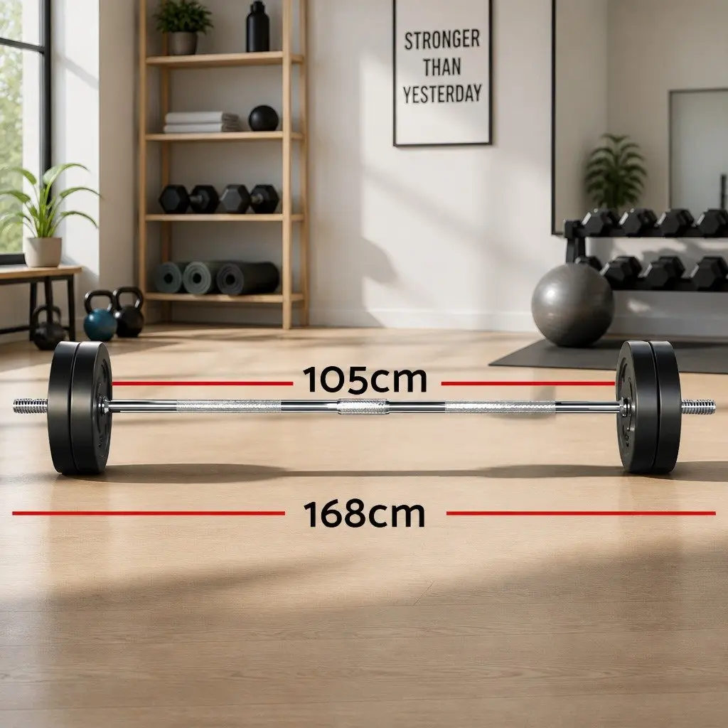 Barbell Set Rubber Coated Weight Plates 168cm Steel Barbell for Home Gym
