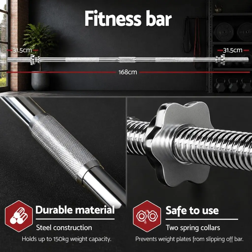 Barbell Set Black 58kg 168cm Steel Bar Rubber Weight Plates for Home Gym Exercise