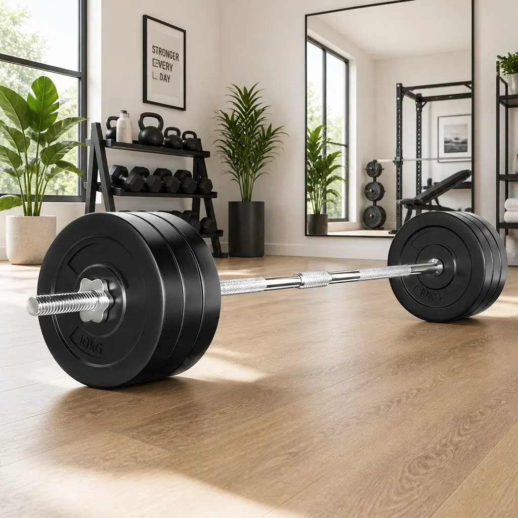 Barbell Set 68kg Rubber Coated Weight Plates 168cm Lifting Bench Home Gym Equipment