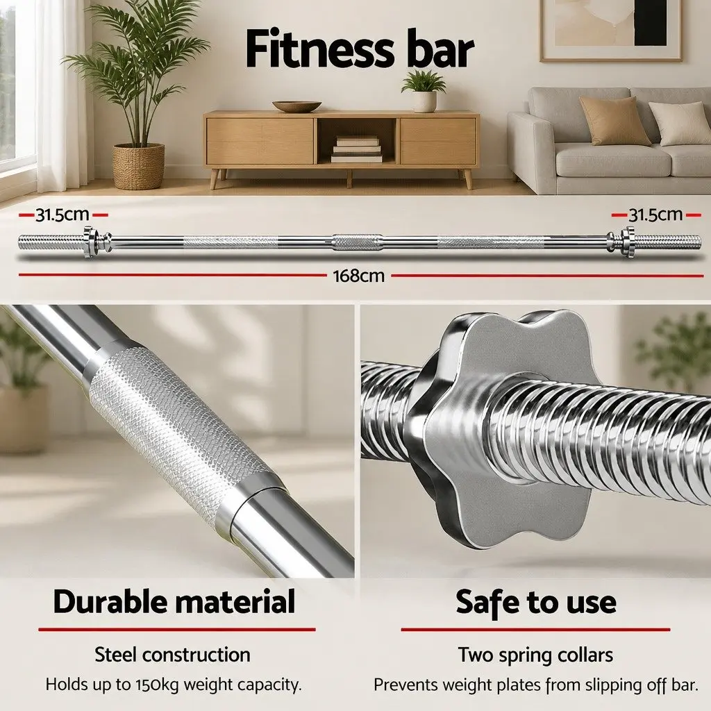 Barbell Weight Plates Set Black 168cm Steel Bar Rubber Coated for Home Gym