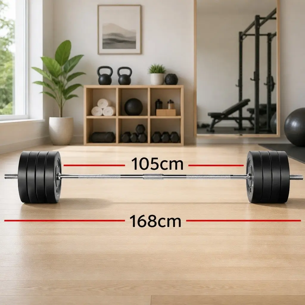 Barbell Set Black 168cm Steel Bar with Rubber Coated Weight Plates for Home Gym