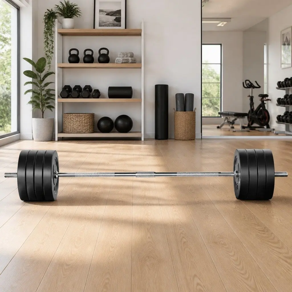 Barbell Set Black 168cm Steel Bar with Rubber Coated Weight Plates for Home Gym