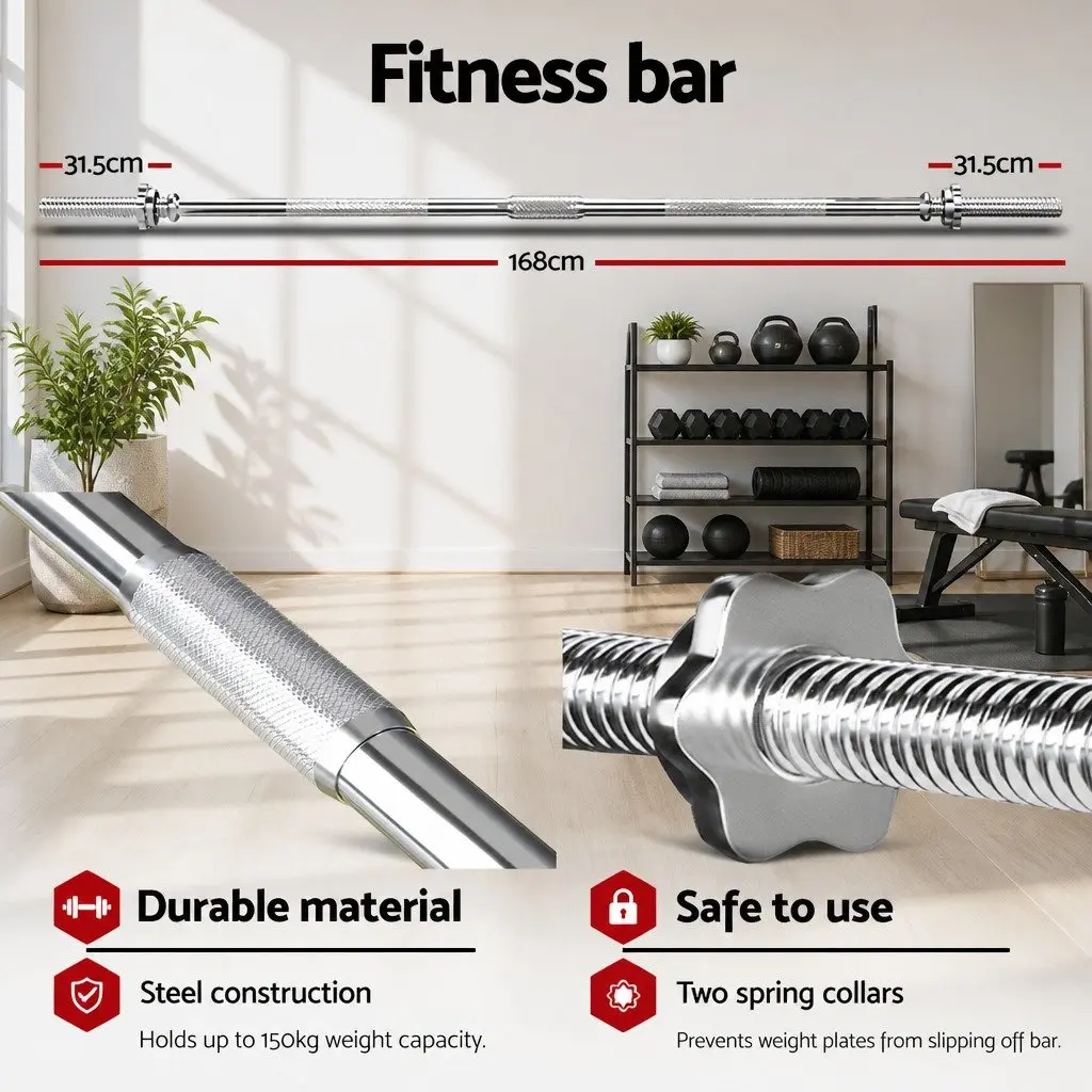 Barbell Set Black 168cm Steel Bar with Rubber Coated Weight Plates for Home Gym