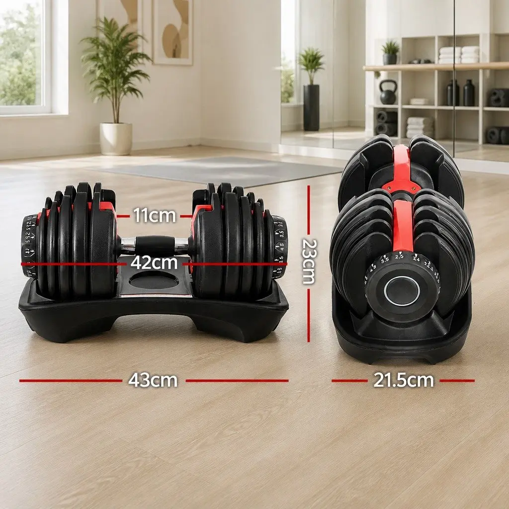 Adjustable Dumbbell Set Black 24kg Weight Plates Non-Slip Handle Rotating Dial