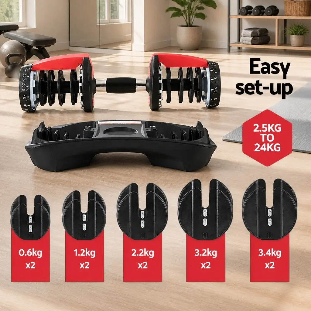 Adjustable Dumbbell Set Black 24kg Weight Plates Non-Slip Handle Rotating Dial