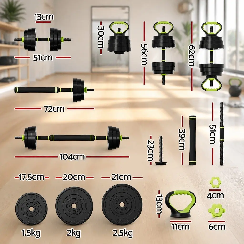 Adjustable Dumbbell Barbell Kettlebell Weight Plates Set Black Green 25kg 7-in-1 Home Gym Equipment
