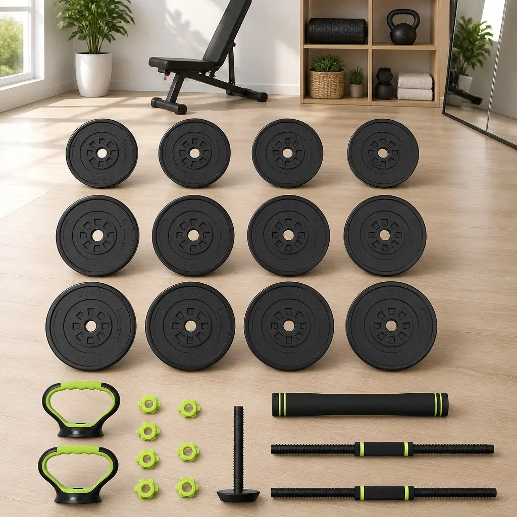 Adjustable Dumbbell Barbell Kettlebell Weight Plates Set Black Green 25kg 7-in-1 Home Gym Equipment