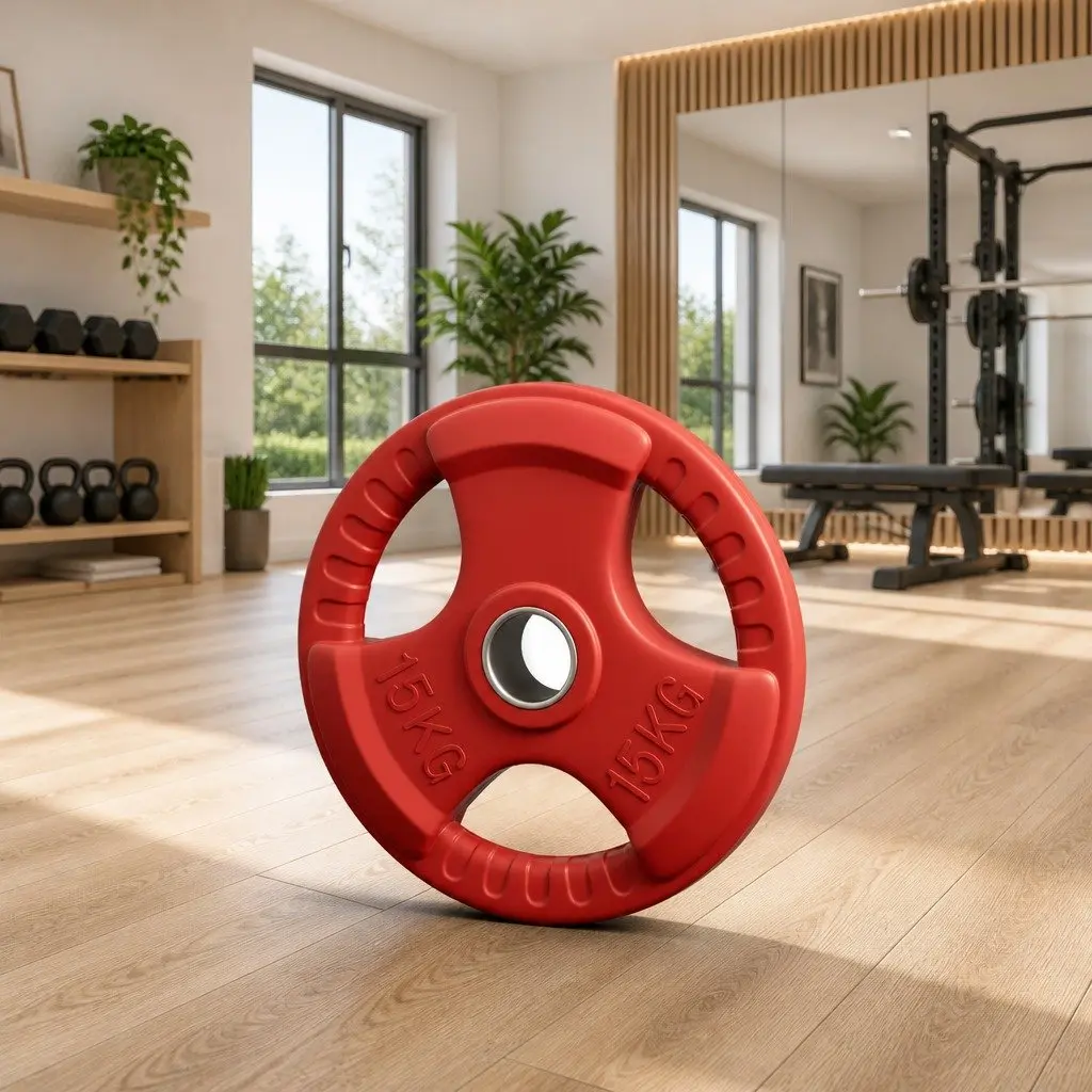 15kg Red Cast Iron Weight Plate with Rubber Coating and Three-Hole Grip for Barbell and Dumbbell Training