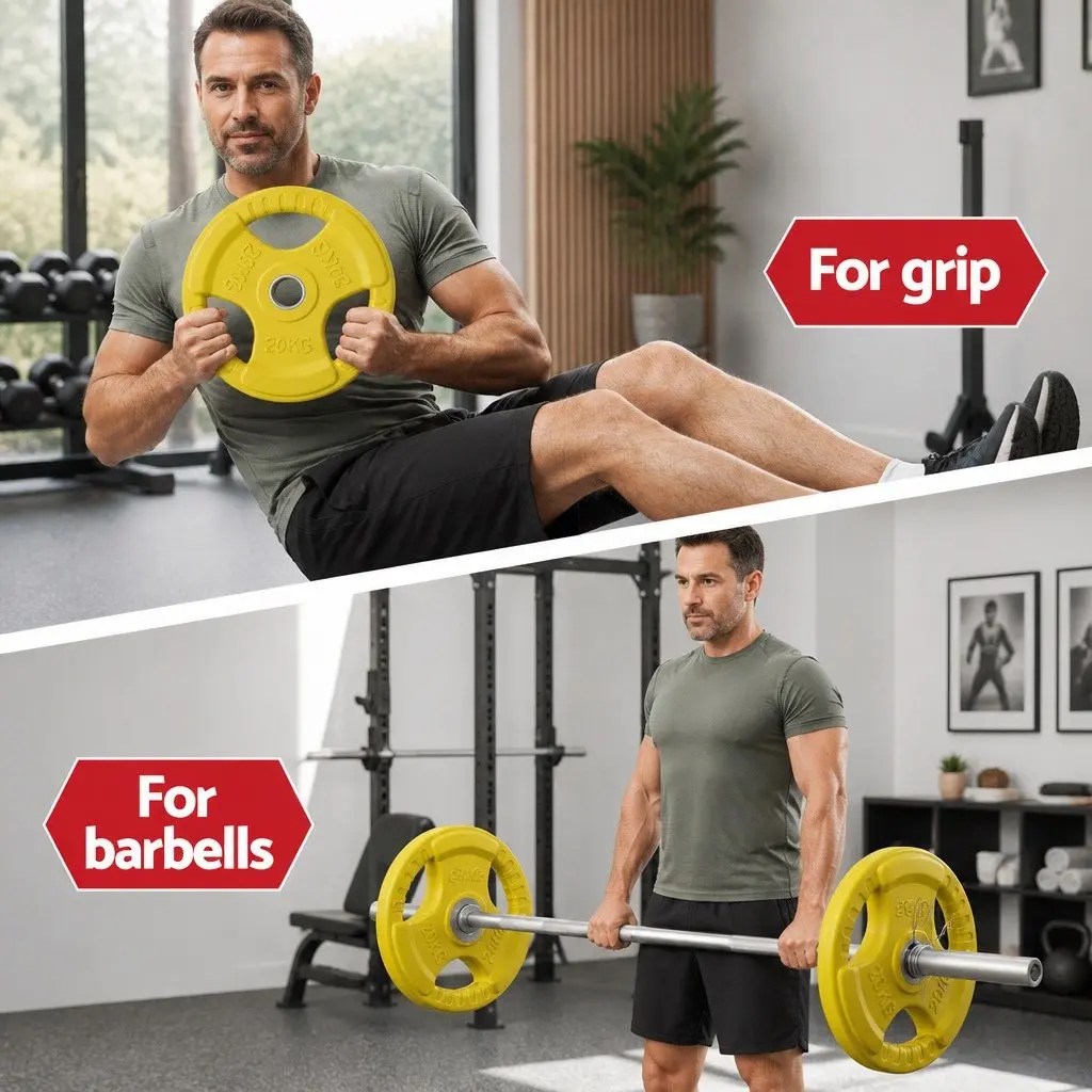 Olympic Weight Plate Yellow 20kg Cast Iron Rubber Coated Three-Hole Grip for Strength Training and Weight Lifting