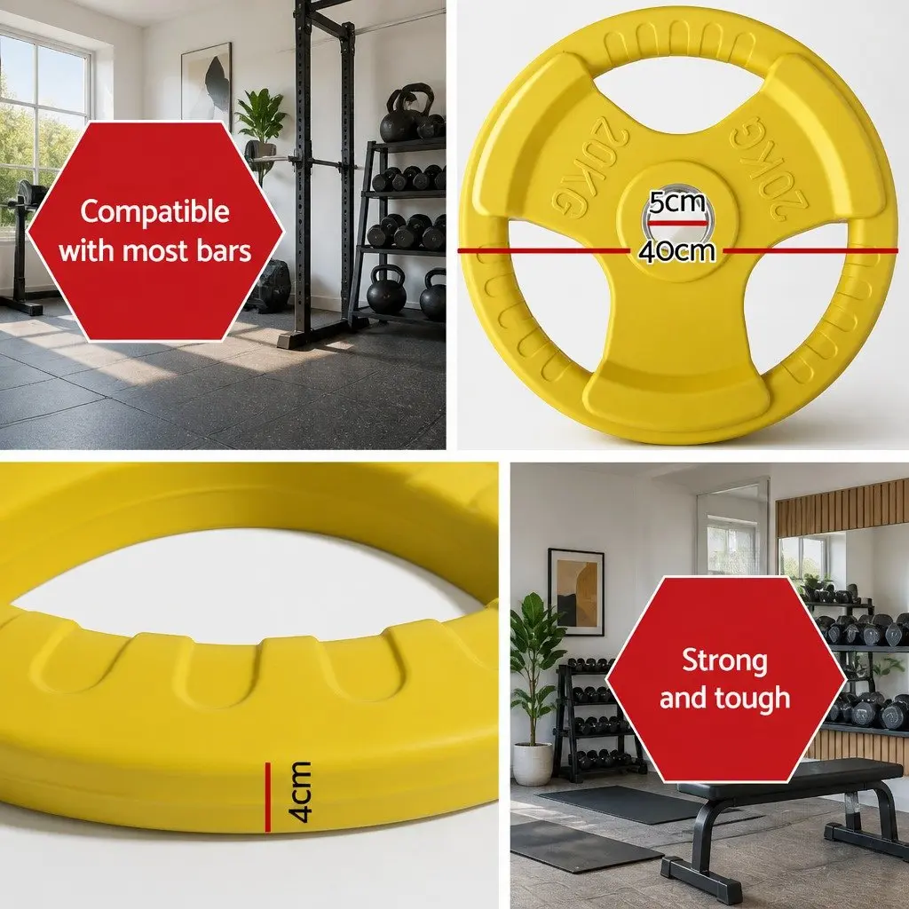 Olympic Weight Plate Yellow 20kg Cast Iron Rubber Coated Three-Hole Grip for Strength Training and Weight Lifting