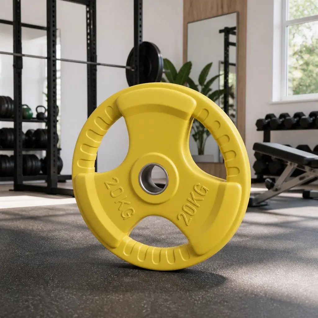 Olympic Weight Plate Yellow 20kg Cast Iron Rubber Coated Three-Hole Grip for Strength Training and Weight Lifting
