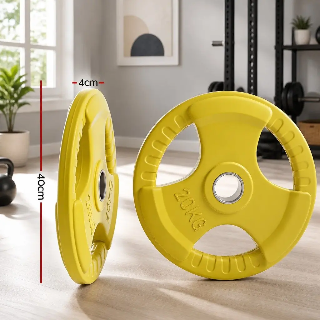 Olympic Weight Plates Yellow 20kg Pair Heavy-duty Cast Iron with Triple Grip Hand Holds