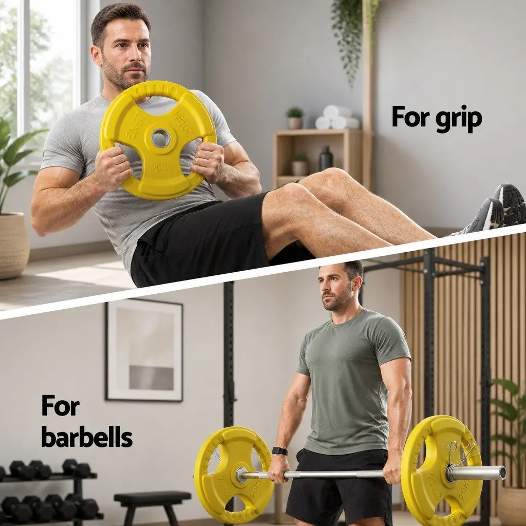 Olympic Weight Plates Yellow 20kg Pair Heavy-duty Cast Iron with Triple Grip Hand Holds