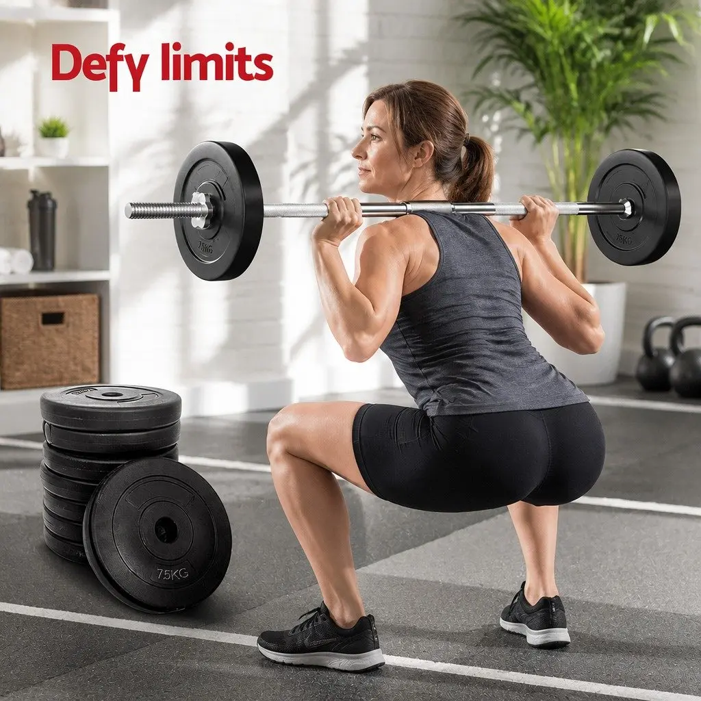 40kg Barbell Weight Plates Black Standard 31mm Diameter Rubber Surface Home Gym Fitness