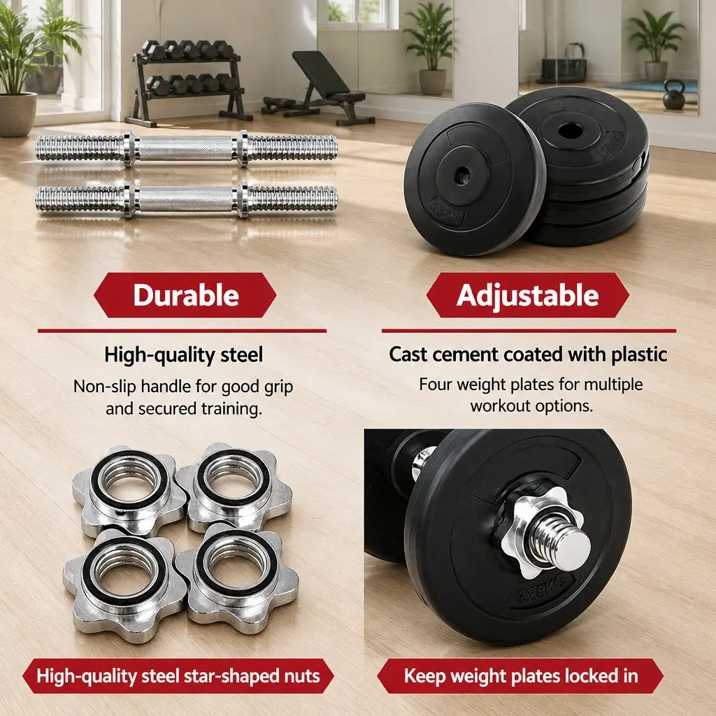 Dumbbell Set Black and Silver 10kg Adjustable Weight Plates Non-Slip Handle