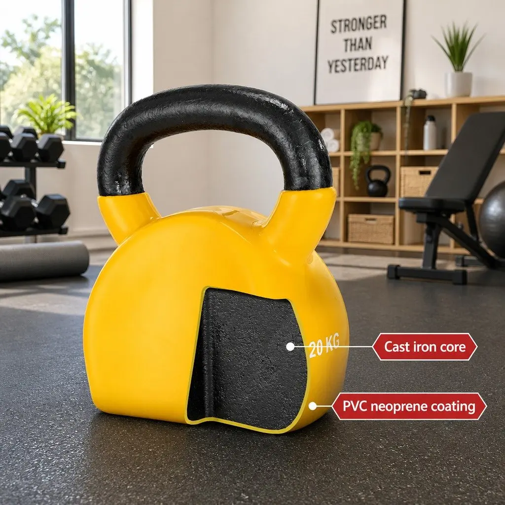 Kettlebell Yellow 20kg Cast Iron PVC Neoprene Coating Oversized Handle