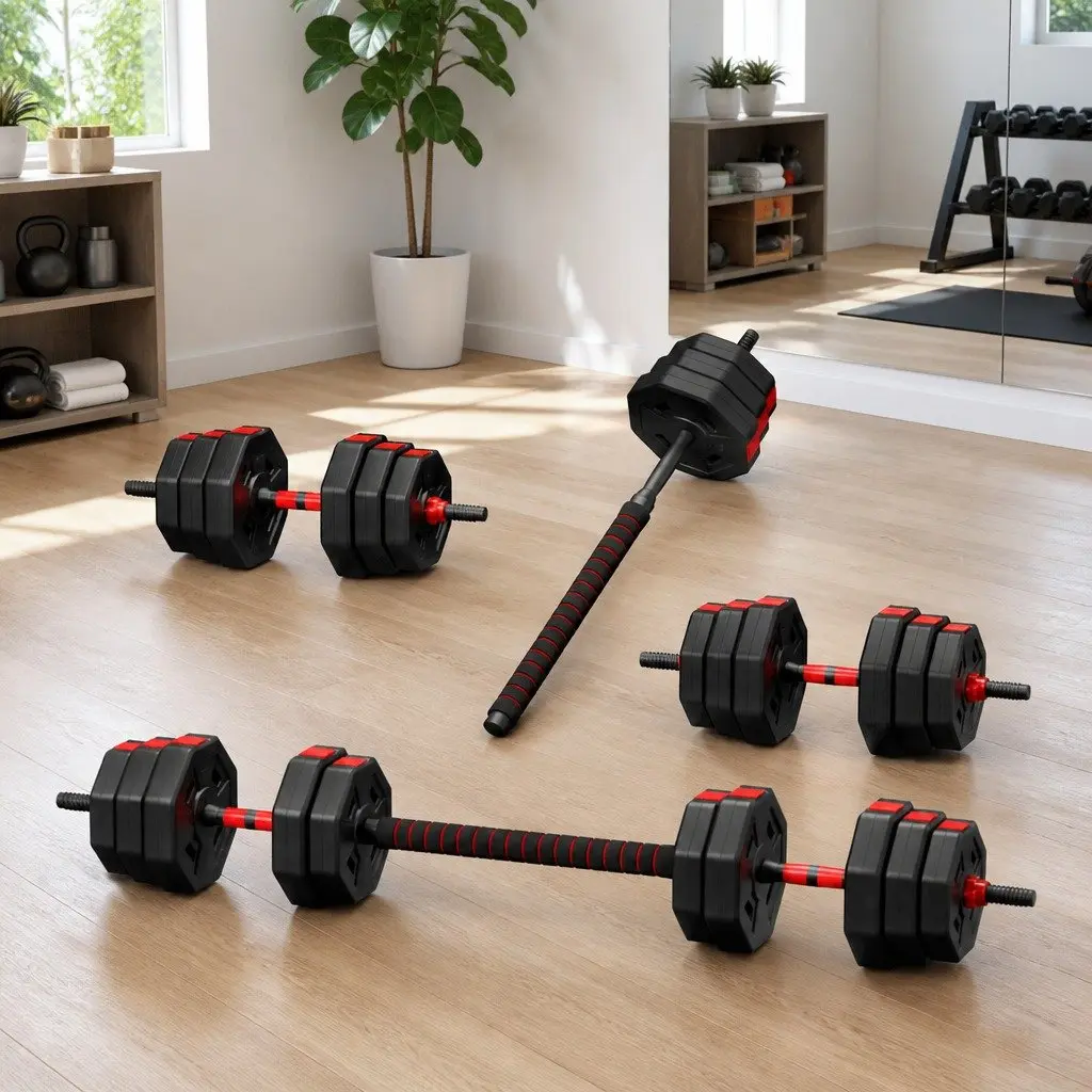40kg Adjustable Dumbbell Barbell Set Black Red Compact 4-in-1 System for Home Gym Strength Training