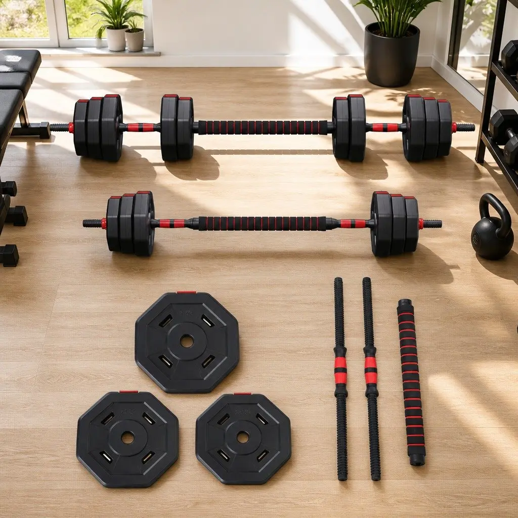 40kg Adjustable Dumbbell Barbell Set Black Red Compact 4-in-1 System for Home Gym Strength Training