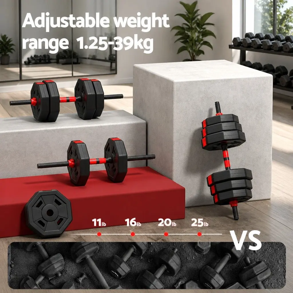 40kg Adjustable Dumbbell Barbell Set Black Red Compact 4-in-1 System for Home Gym Strength Training