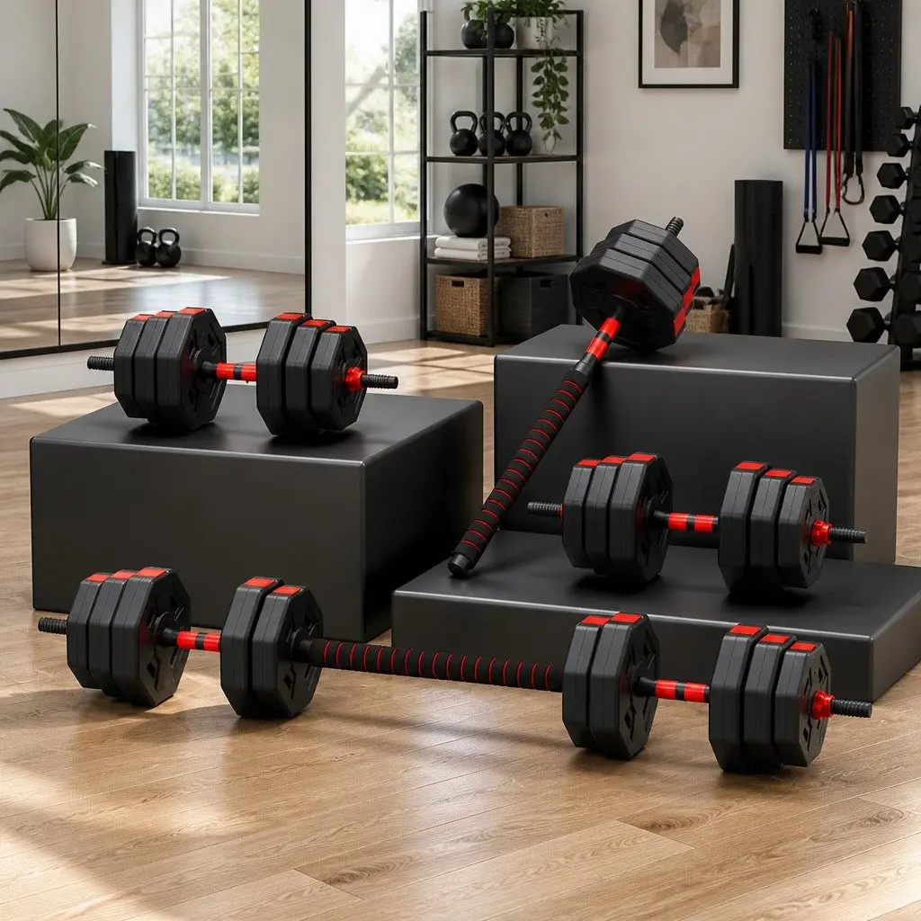 40kg Adjustable Dumbbell Barbell Set Black Red Compact 4-in-1 System for Home Gym Strength Training