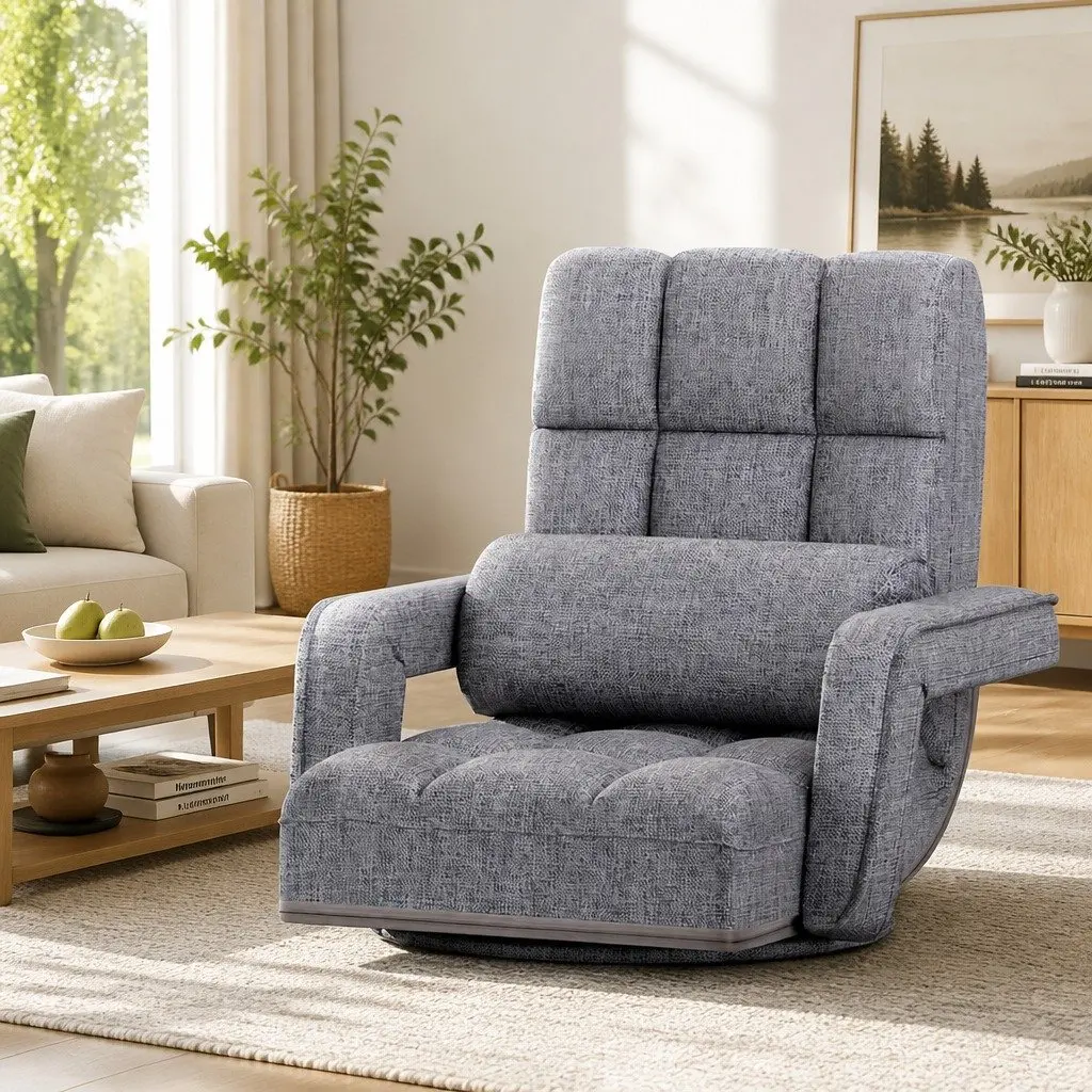 Floor Lounge Chair Grey Adjustable Swivel Foldable Compact Furniture