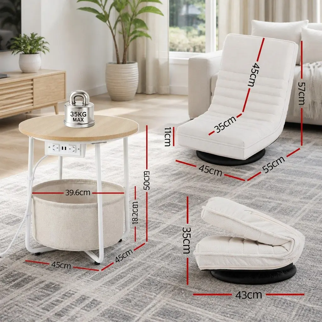 Floor Lounge Chair White 360 Degree Rotatable with Round Coffee Table Charging Station