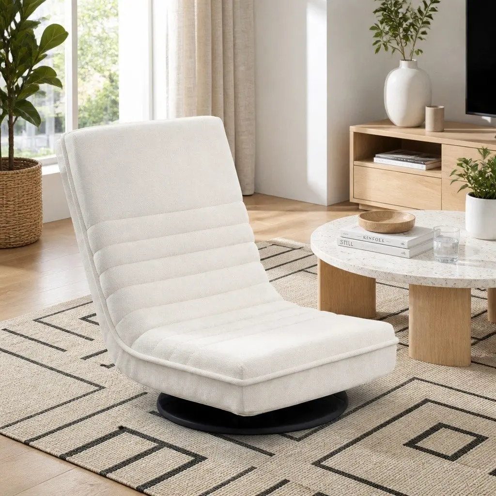 Floor Lounge Chair White 360 Degree Rotatable with Round Coffee Table Charging Station