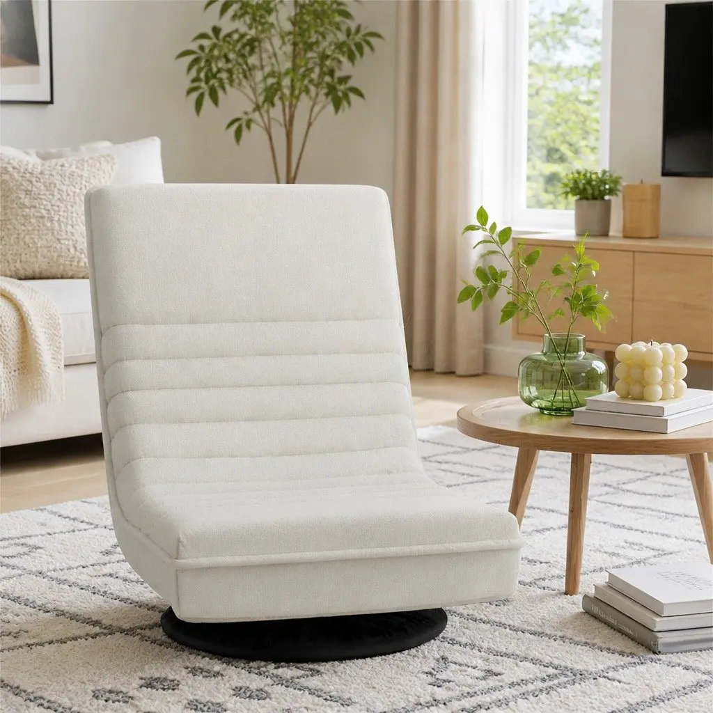 Floor Lounge Chair White 360 Degree Rotatable with Round Coffee Table Charging Station
