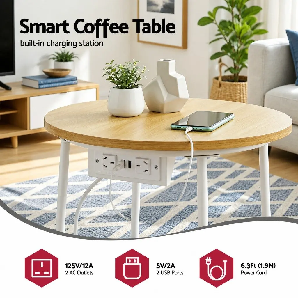 Floor Lounge Chair White 360 Degree Rotatable with Round Coffee Table Charging Station