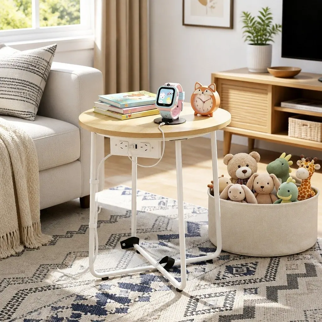 Floor Lounge Chair White 360 Degree Rotatable with Round Coffee Table Charging Station