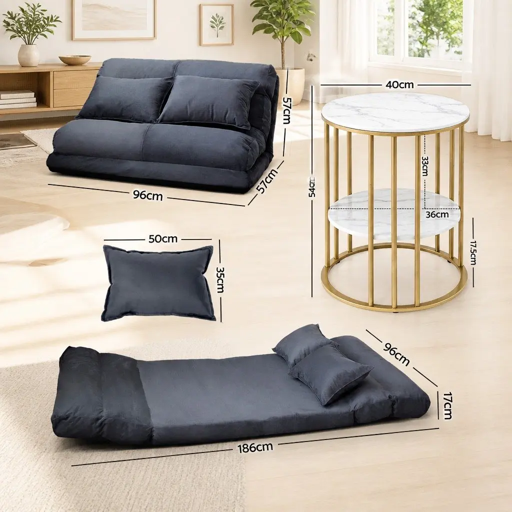 Floor Lounge Sofa Bed Charcoal 5 Position Foldable with 2 Tier Coffee Table White Top Gold Frame