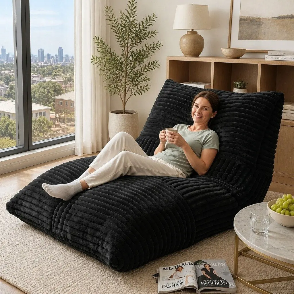 Convertible Bean Bag Chair Black Multi-Use Boneless 3-in-1 Lounger Bed