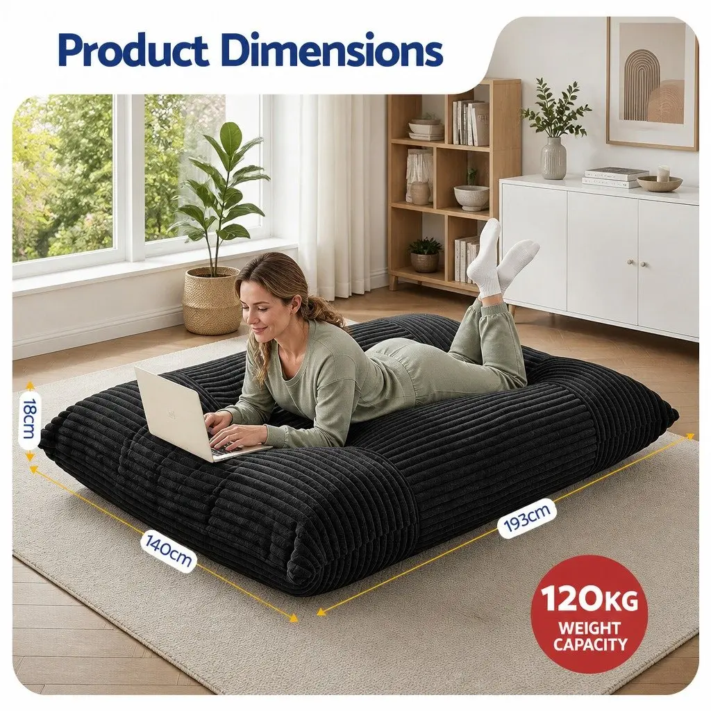 Convertible Bean Bag Chair Black Multi-Use Boneless 3-in-1 Lounger Bed
