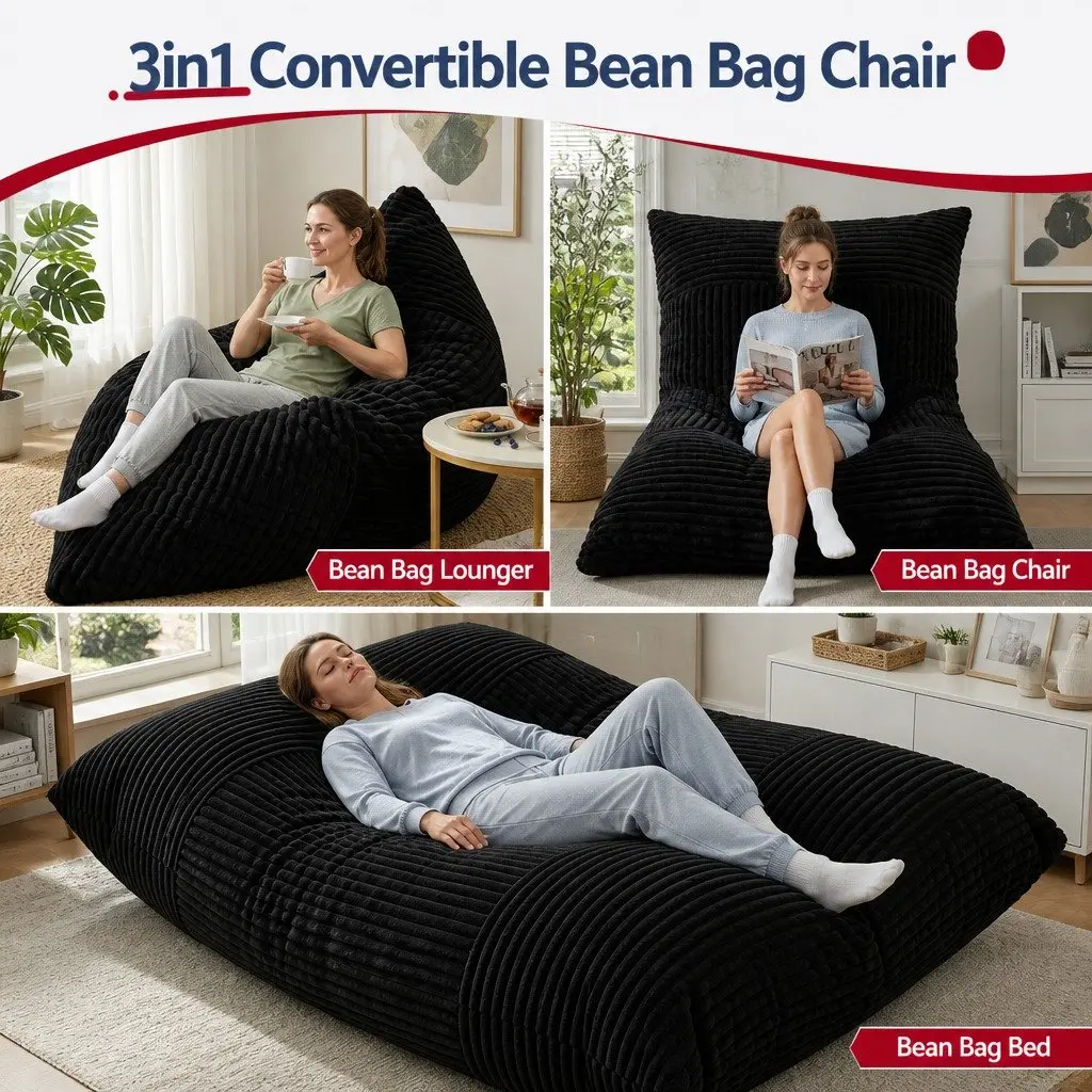 Convertible Bean Bag Chair Black Multi-Use Boneless 3-in-1 Lounger Bed